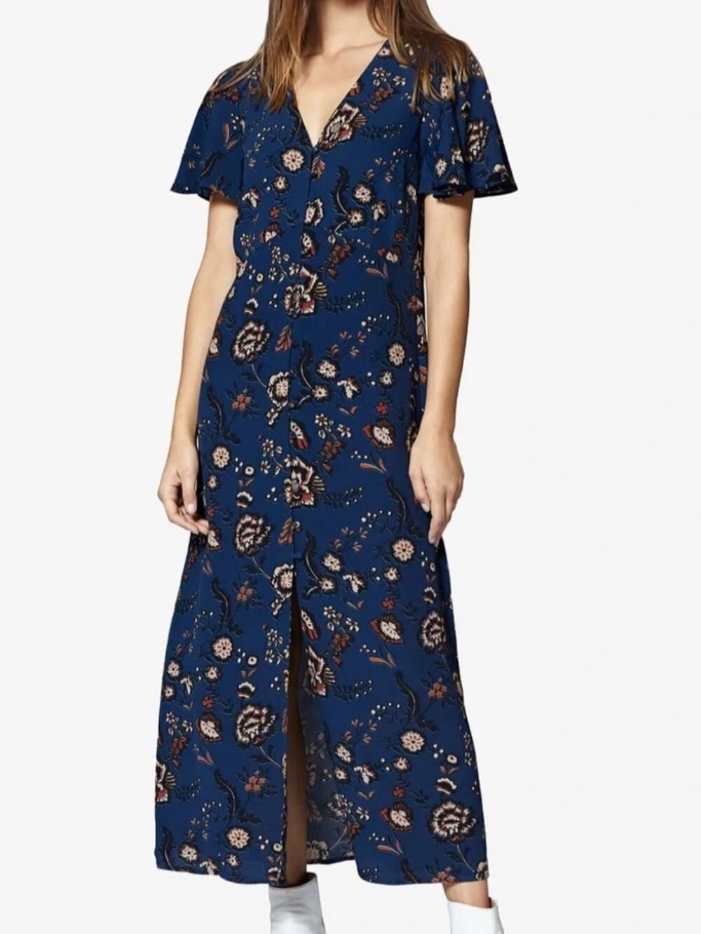 Sanctuary Floral Maxi Dress Navy Button Front Flutter Sleeve V Neck Womens S